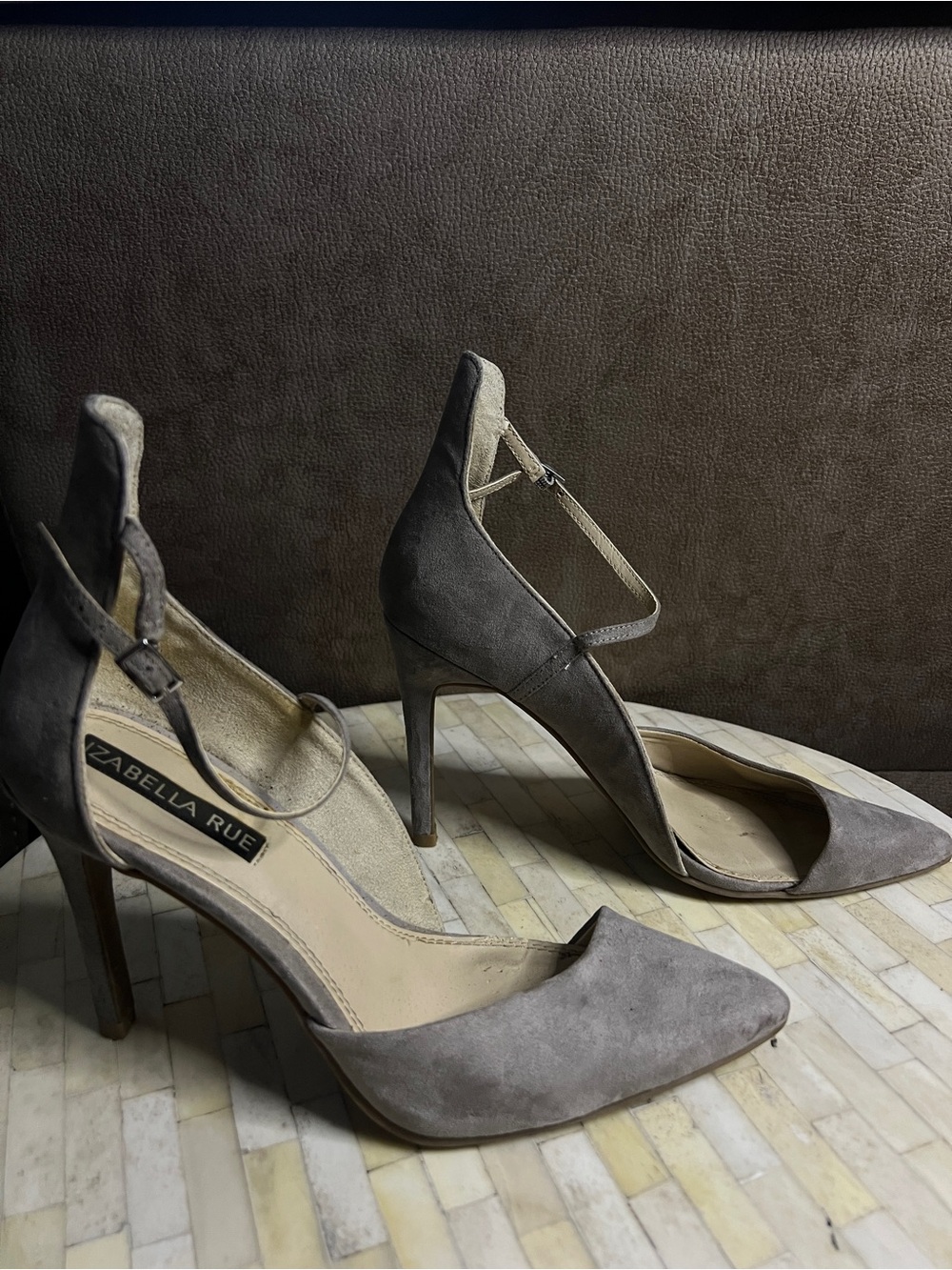 Izabella Rue Gray Suede Pointed-Toe Ankle-Strap Heels - Picture 3 of 7